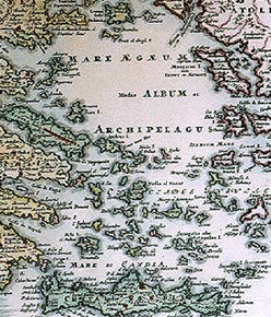 Στην εικόνα, σε έγχρωμη χαλκογραφία χάρτης του Αιγαίου του 18ου αιώνα (λεπτομέρεια). Έργο του χαρτογράφου Homman Johann Batist, Norimberge. 18ος αιώνας.